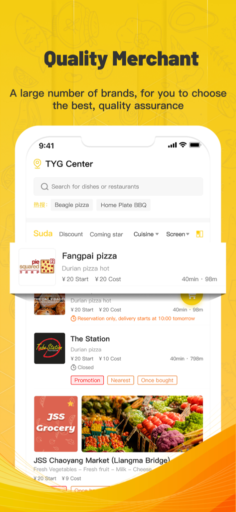 Interfaccia dell'app JSS Food Delivery che mostra elenchi di ristoranti e negozi di alimentari di qualità in inglese.