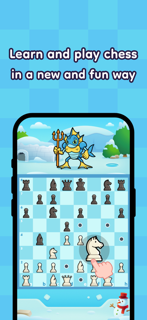 Mobile phone screen showing a child playing chess in a snow themed level with a cartoon character