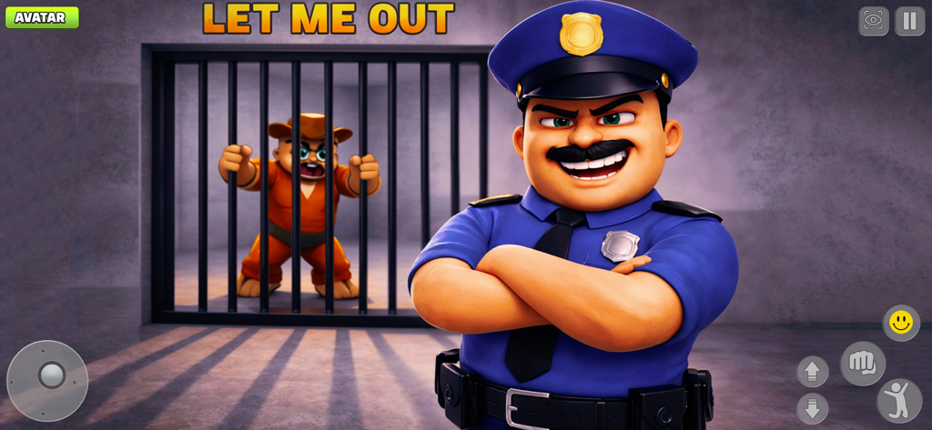 Urban Leap Parkour Run - A smiling police officer stands in front of a prisoner behind bars in the mobile game Urban Leap Parkour Run.