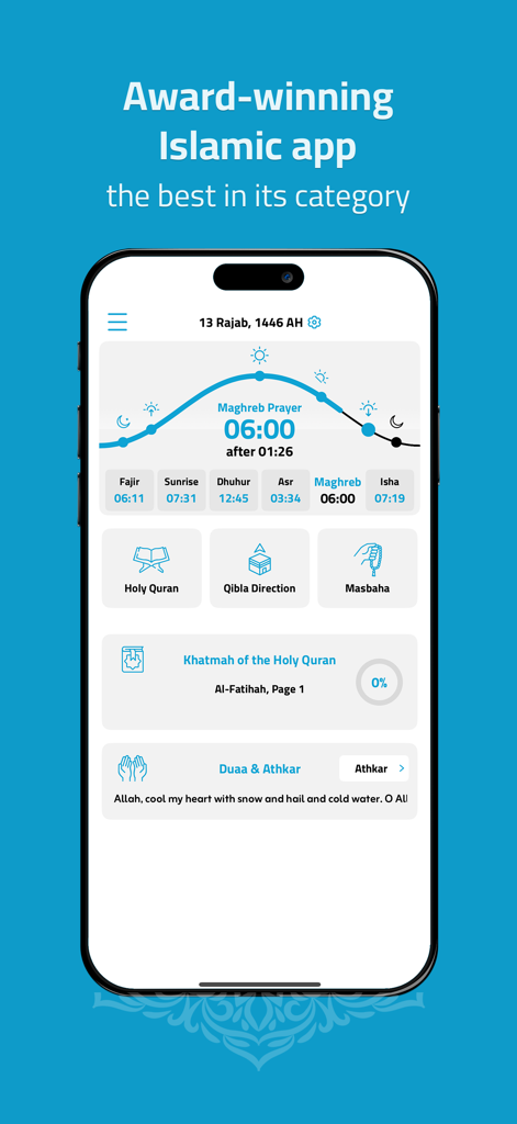 السلام ختمة القران الكريم كامل - Al Salam Islamic app home screen showing prayer times and Quran features