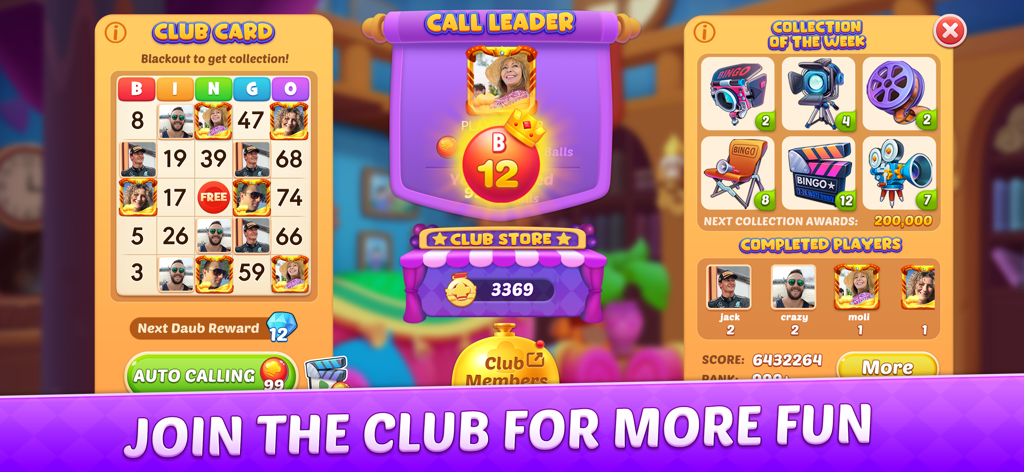 Schermata del gioco Bingo Frenzy che mostra le funzionalità delle carte club e le collezioni di oggetti a tema cinematografico