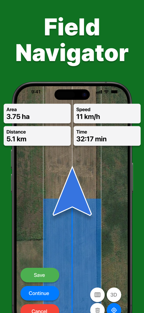 Tractor GPS - Écran de smartphone montrant l'application GPS Tracteur suivant un chemin de champ avec des données de surface et de vitesse