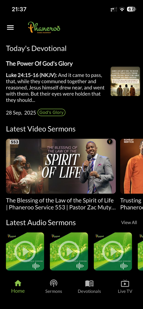 Phaneroo - Homepage of the Phaneroo app featuring daily devotionals and latest video sermons