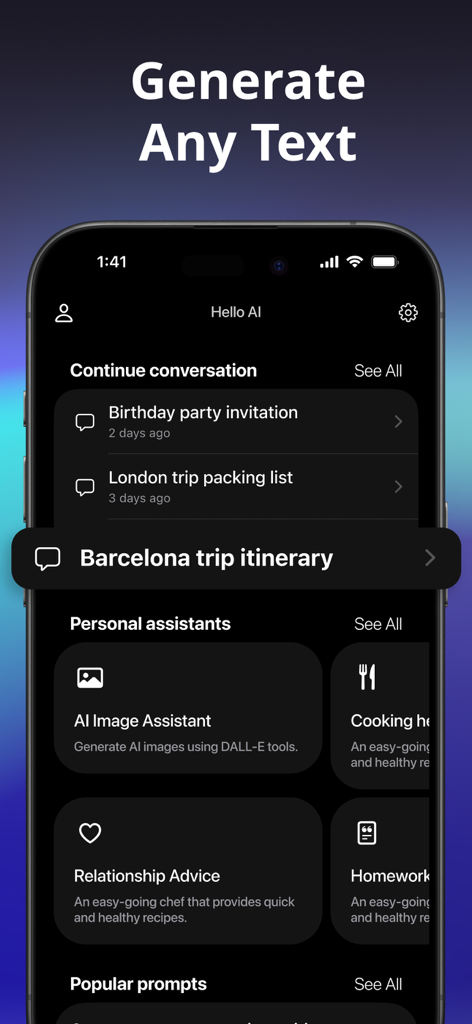 Hello AI app dashboard showing conversation history for invitations and trip planning alongside various AI personal assistant tools