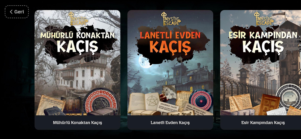Mystic Games - A selection of three escape room game scenarios in the Mystic Games app including a sealed mansion, haunted house, and prisoner camp themes.