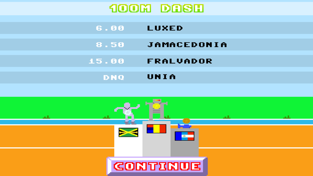 Realistic Summer Sports - Scoreboard and winners podium for the 100m dash event in Realistic Summer Sports
