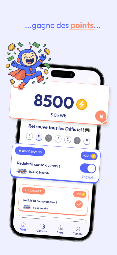 LibertéWatts, économie énergie - LibertéWatts app interface showing energy saving challenges and earned points