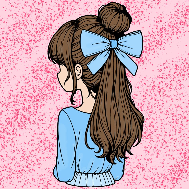 realistic girl  with hip length hair a bun and a big bow on the back of head