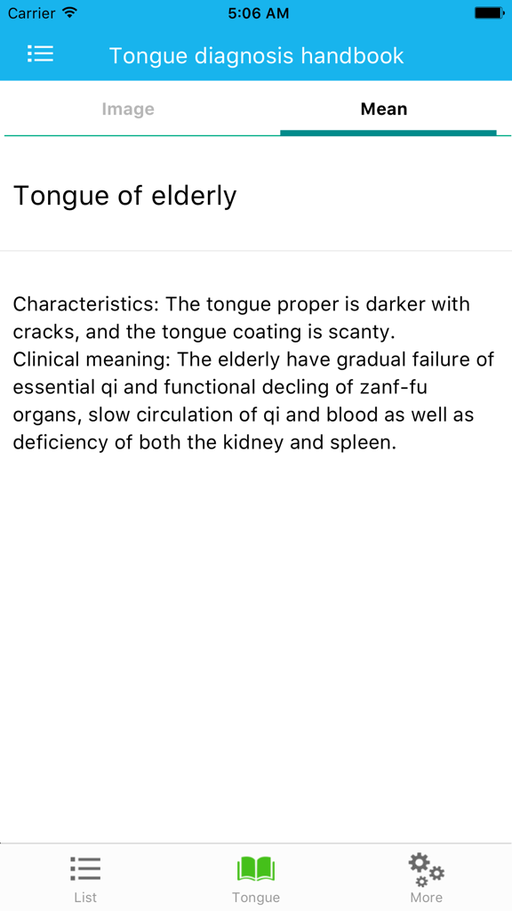 Tongue diagnosis handbook - Screenshot of the Tongue diagnosis handbook app showing the clinical meaning and characteristics of the tongue of elderly people