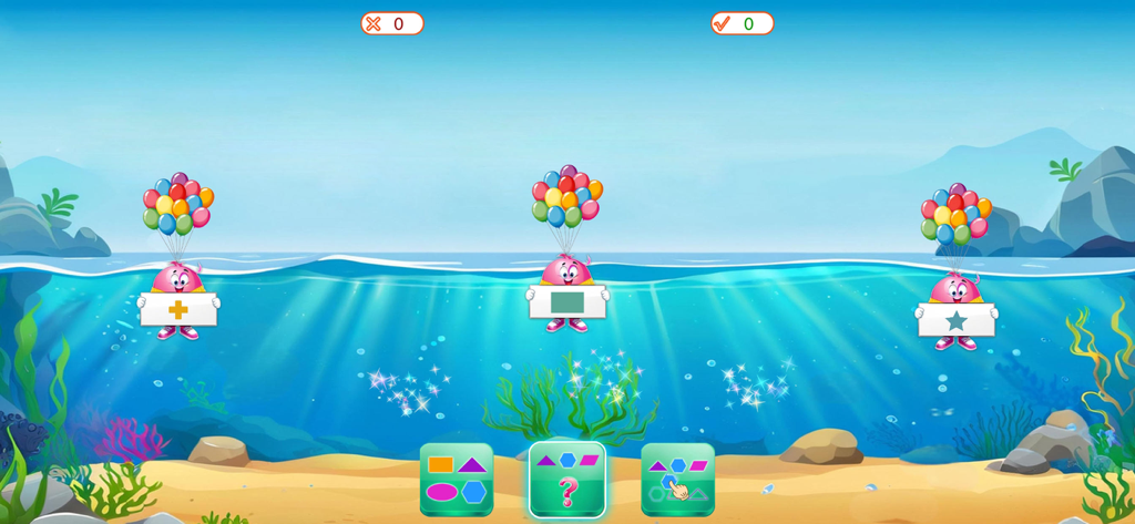 Fun games -Learn with Fun - Lernspiel für Vorschulkinder zum Formenvergleich mit bunten Zeichentrickfiguren und Ballons in einer Unterwasserlandschaft