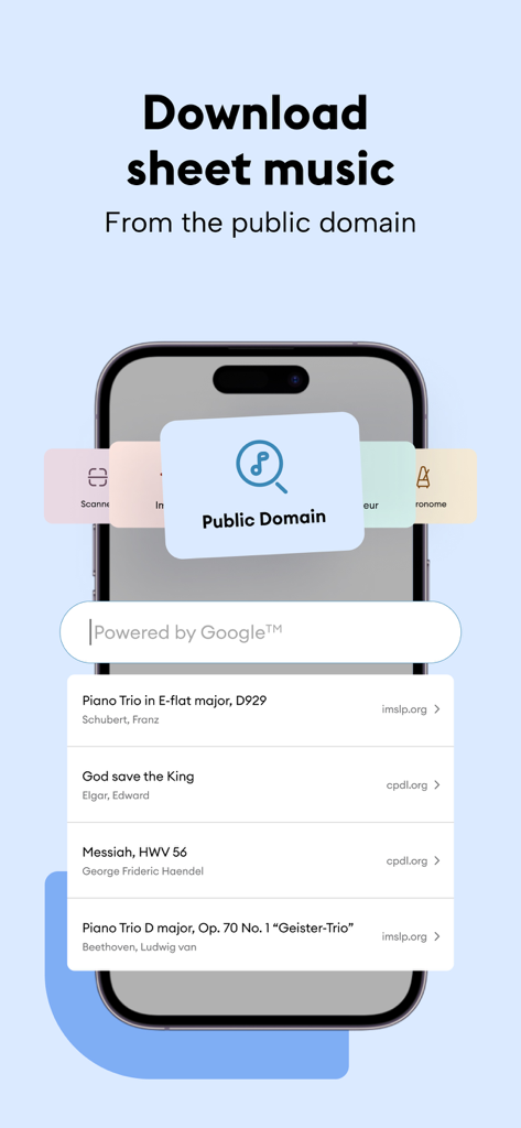 Newzik App-Bildschirm zeigt eine Suchoberfläche zum Herunterladen von gemeinfreien Noten aus Quellen wie IMSLP und CPDL