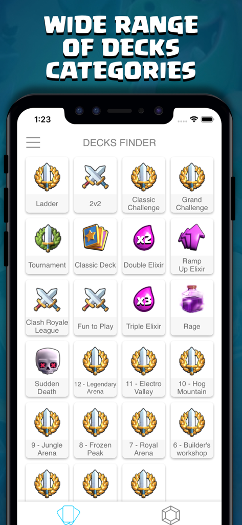 Decks Royale for Clash Royale - Decks Finder-Oberfläche, die verschiedene Clash Royale Spielmodus-Kategorien anzeigt