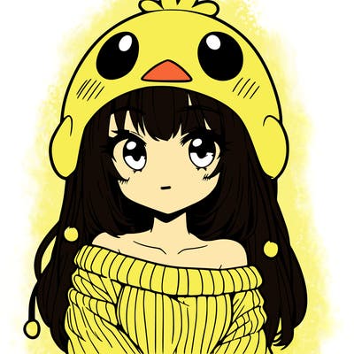 anime girl with chick shaped hat with sweater with bare shoulders with bangs covering them one eye with low tail