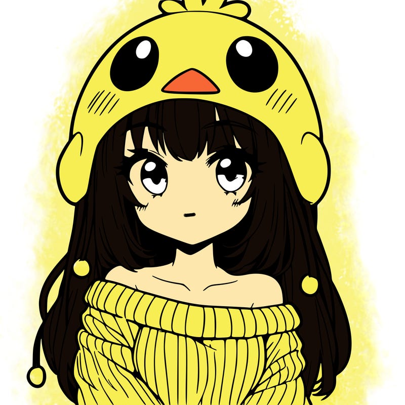 anime girl with chick shaped hat with sweater with bare shoulders with bangs covering them one eye with low tail