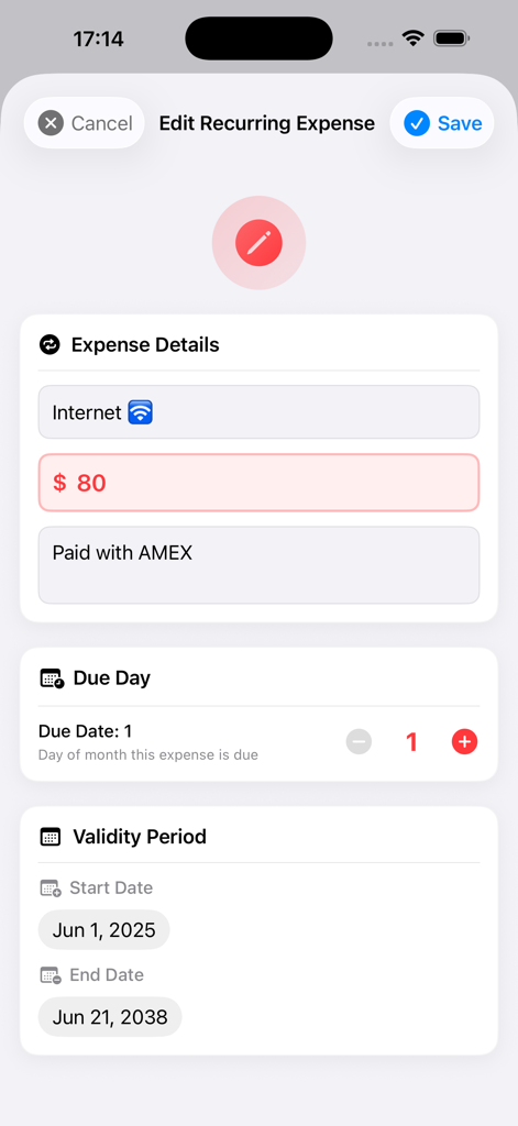Rent Easy Ledger - Mobile app screen for editing a recurring rental property expense with fields for amount due date and validity period