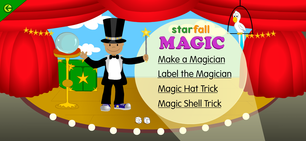 Starfall It's Fun to Read - Pantalla de la aplicación Starfall que muestra un mago en un escenario con actividades de lectura y vocabulario de temática mágica.