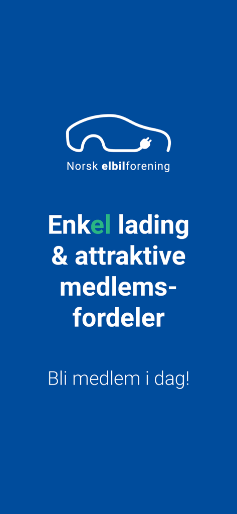 ElbilAppen-Startbildschirm mit dem Logo des Norwegischen Verbandes der Elektrofahrzeuge und Text über Lade-Vorteile.