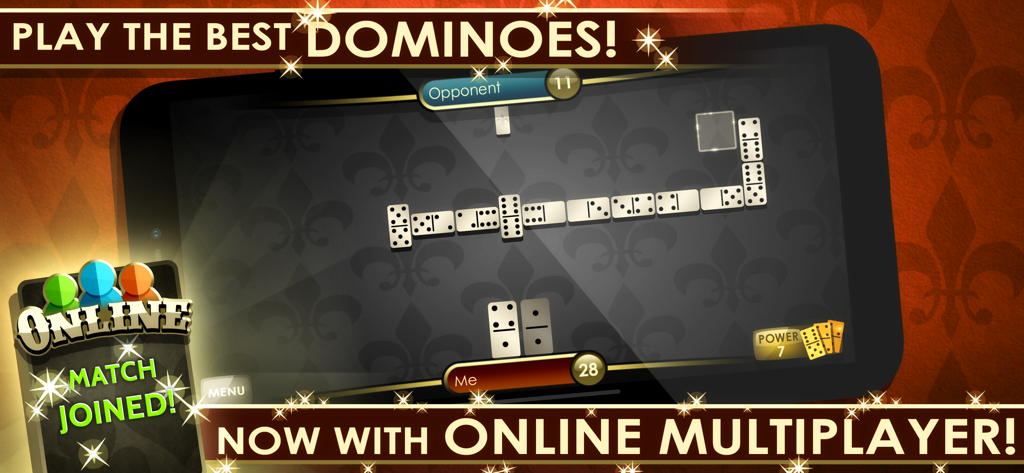Domino Royale mobile app interface showcasing online multiplayer mode with classic tiles on a dark patterned game board.
