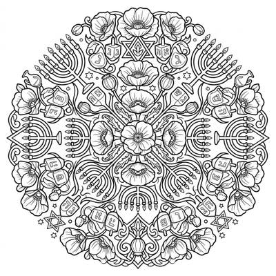 Discover a truly unique coloring experience with this intricate poppy mandala, beautifully infused with Hanukkah symbols. Perfect for celebrating the Festival of Lights while enjoying a calming and creative artistic endeavor.