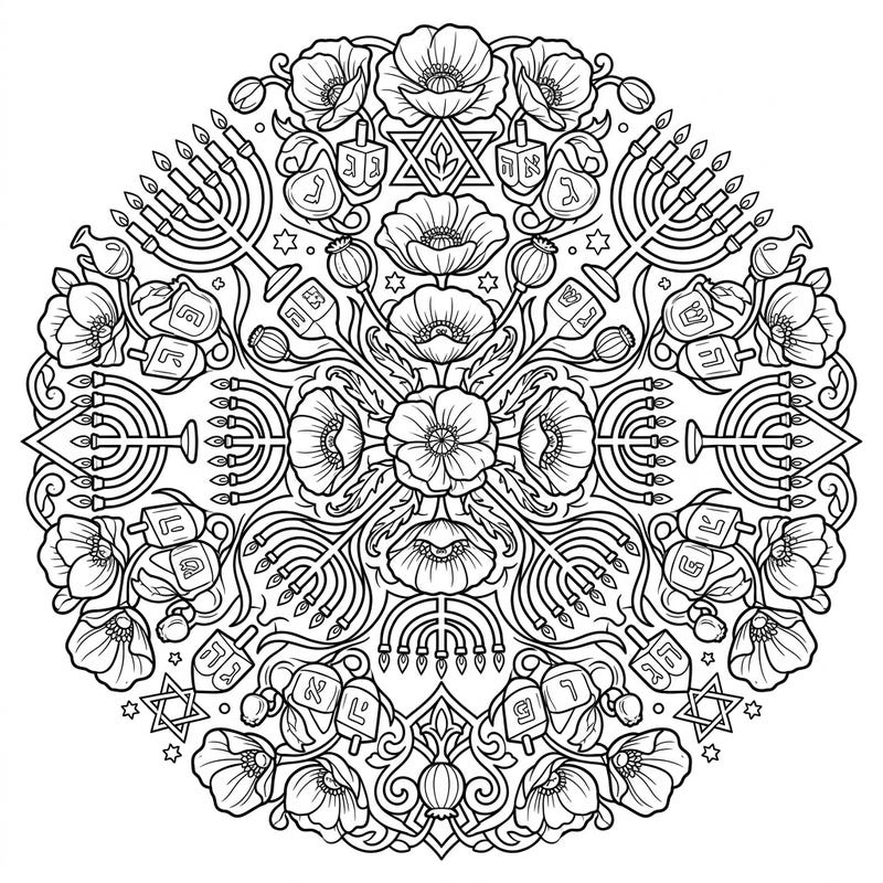 Discover a truly unique coloring experience with this intricate poppy mandala, beautifully infused with Hanukkah symbols. Perfect for celebrating the Festival of Lights while enjoying a calming and creative artistic endeavor.
