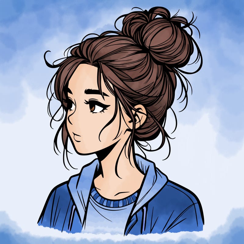 realistic teenage girl with a messy bun