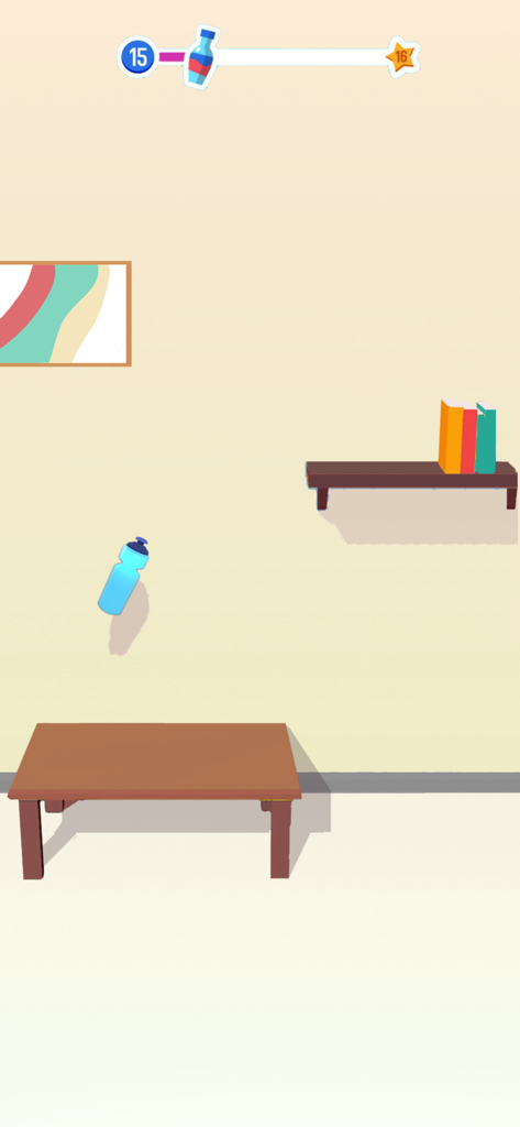 A blue water bottle flipping in mid-air above a table in a 3D arcade game.