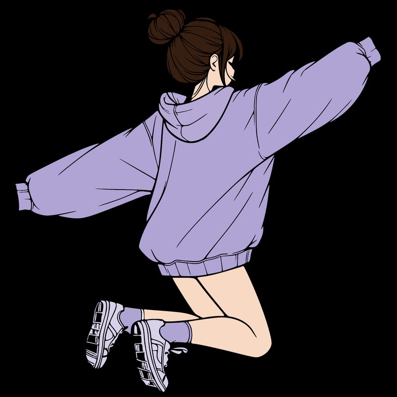 realistic girl jumping with a bun and oversized sweatshirt