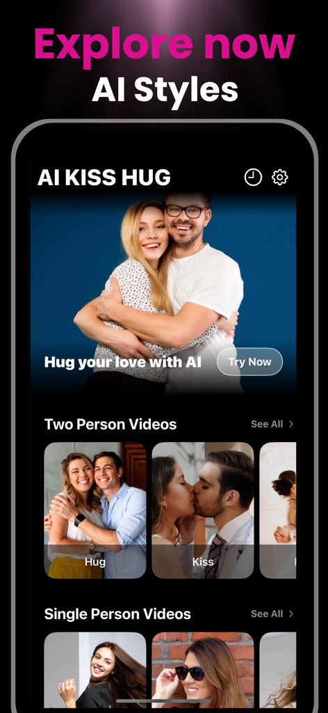 AI Kiss Hug Video Maker Clone - Interface do aplicativo Criador de Vídeos de Beijos e Abraços com IA mostrando opções para criar vídeos de abraços e beijos com IA a partir de fotos.