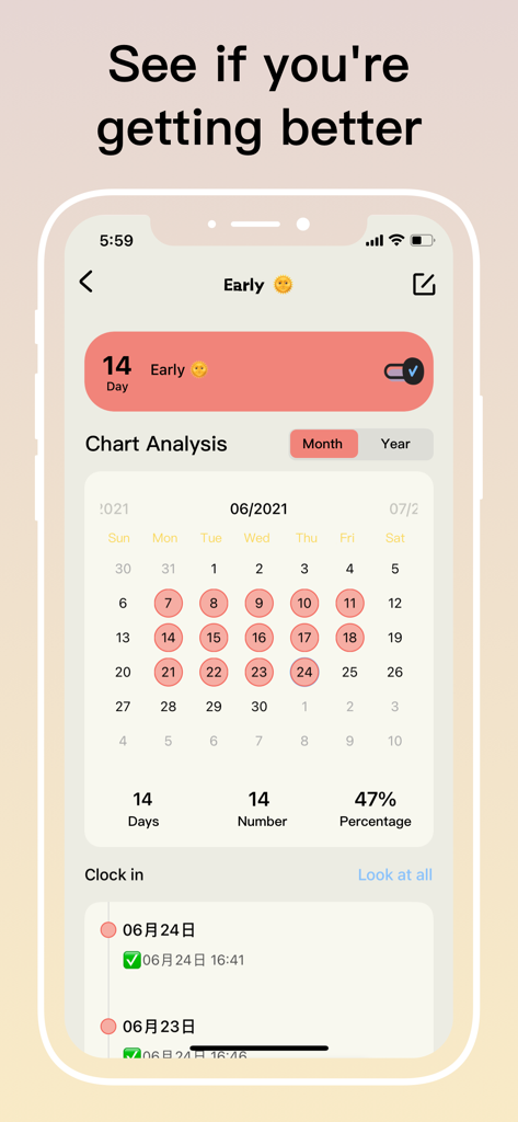 Aesthetic habit tracking dashboard in Smile Todo showing a monthly calendar with progress data and clock-in logs.