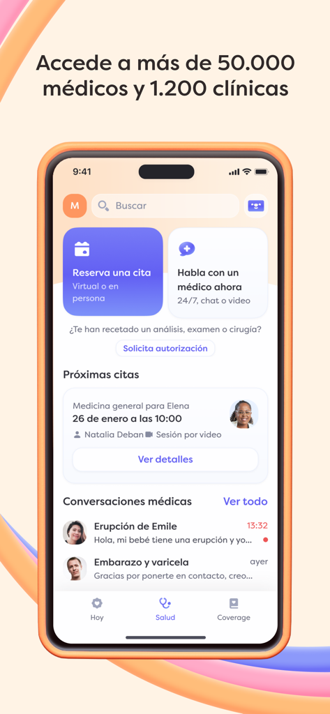 Alan España Seguro de Salud - 의료 약속 예약 및 24/7 원격 진료 상담 옵션을 보여주는 Alan 건강 보험 앱 인터페이스