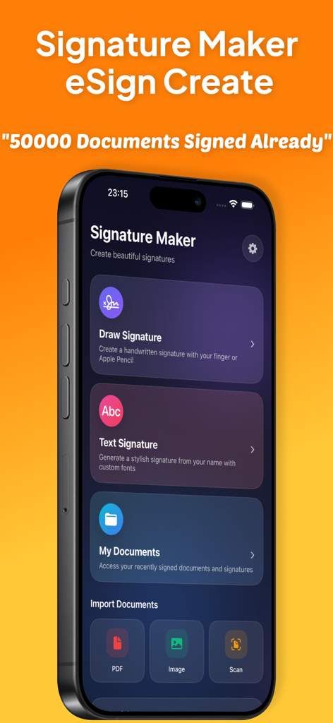 Signature Maker - eSign Create - iPhone screen displaying the Signature Maker app interface with options to draw signatures, create text signatures, and import PDF documents.