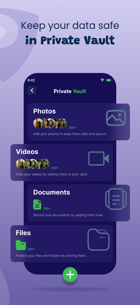 Private Vault interface for securing photos and documents in the Phone Protection app