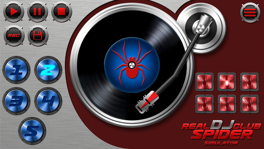 Real DJ Club Spider Simulator - Virtual DJ turntable interface with spider themed controls and buttons