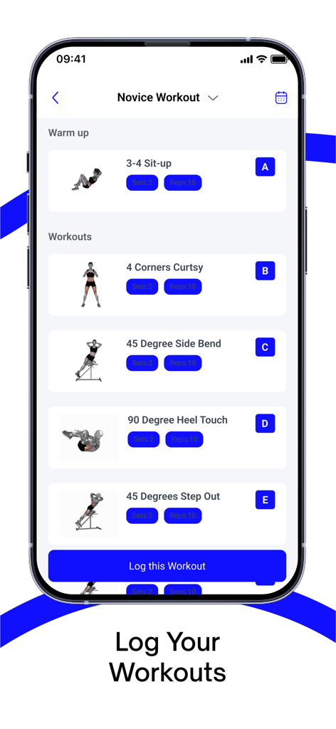 VFit - A smartphone screen displaying the VFit app novice workout list with exercise details and a log button.
