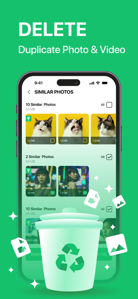 LIME Cleaner - Storage Cleanup - LIME Cleanerで削除対象として選択された類似写真を表示するアプリ画面。