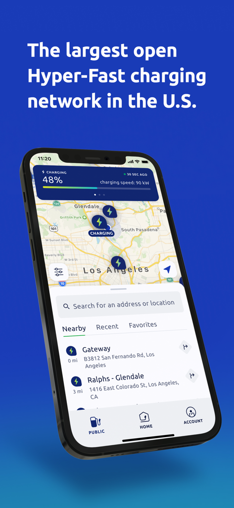 Electrify America - La aplicación Electrify America muestra un mapa de estaciones de carga de vehículos eléctricos y el estado de carga actual