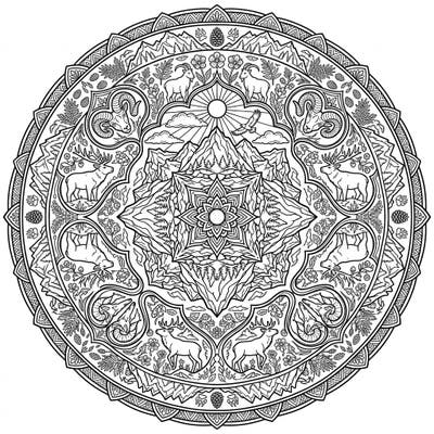Immerse yourself in the breathtaking beauty of the Rocky Mountains with this stunning circular mandala. This intricate design blends majestic wildlife and serene landscapes, perfect for a relaxing and creative coloring experience.