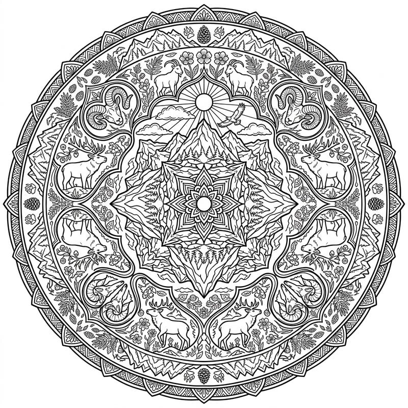 Immerse yourself in the breathtaking beauty of the Rocky Mountains with this stunning circular mandala. This intricate design blends majestic wildlife and serene landscapes, perfect for a relaxing and creative coloring experience.