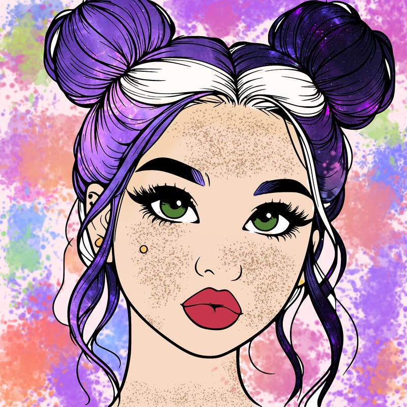 realistic girl with two buns on her hair and lips