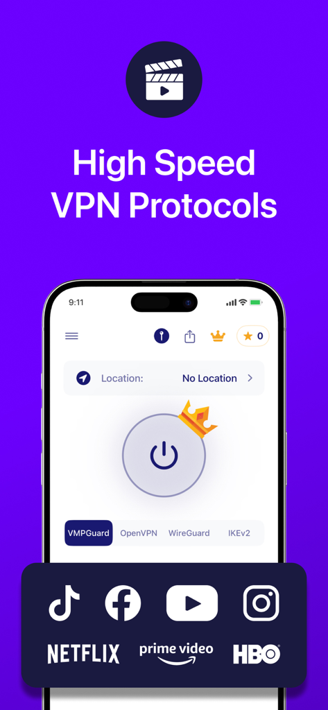 VMP™: Fast Unlimited VPN Proxy - VMP VPN app interface showing high speed protocol options and popular streaming service logos
