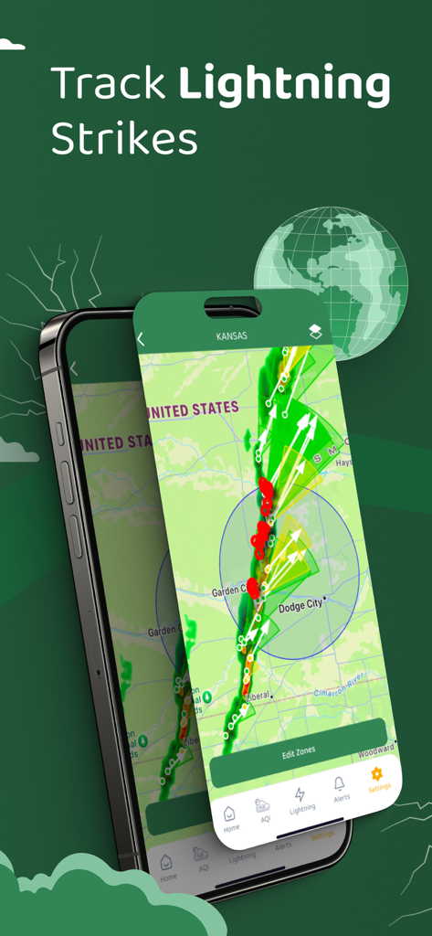 Zelus WBGT - Zelus WBGT app showing a real-time lightning tracking map