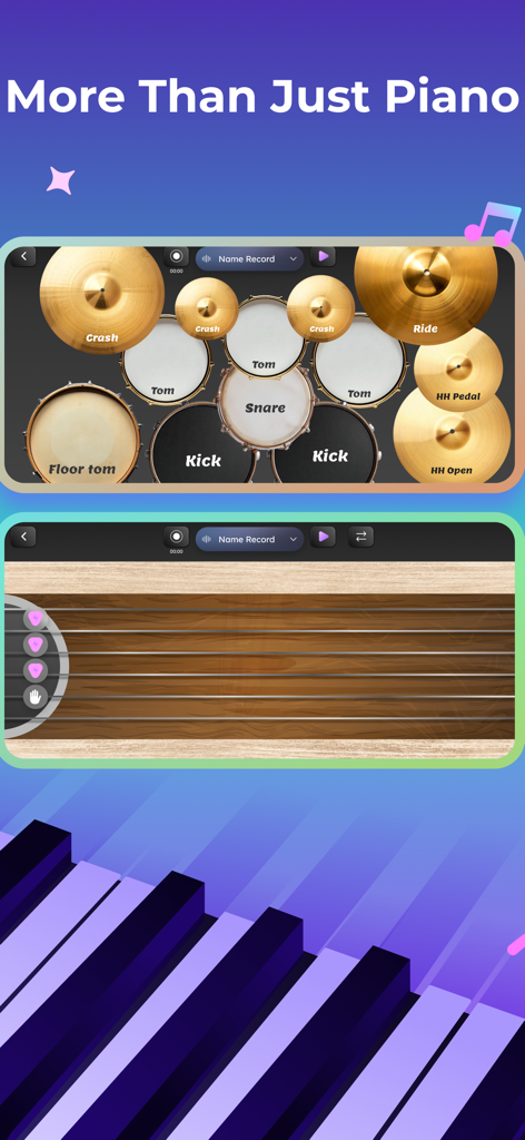 Trioplay: Piano - Learn & Game - Interface do aplicativo Trioplay mostrando simulação de bateria e guitarra virtuais