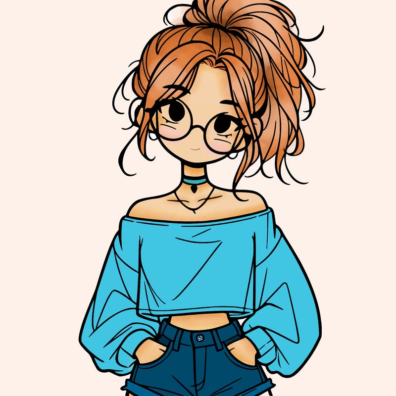girl with a messy ponytail glasses a baggy crop top and jean shorts