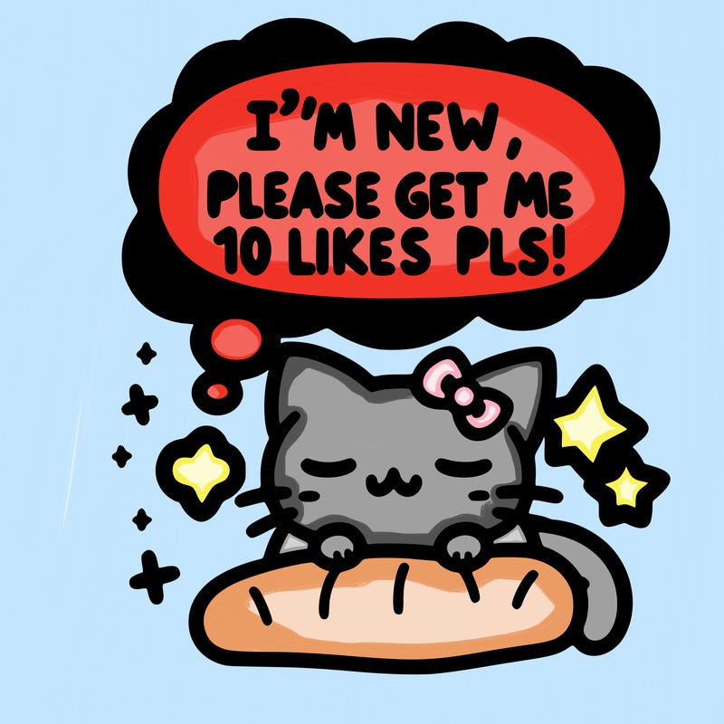 kitty taking a nap dream talking and saying "i'm new, please get me at least 10 likes pls!!"