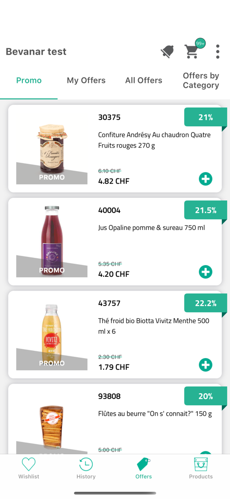 VGPeem - ecommerce solution - Mobile app interface of VGPeem showing a list of discounted grocery products with price reductions and add to cart buttons.