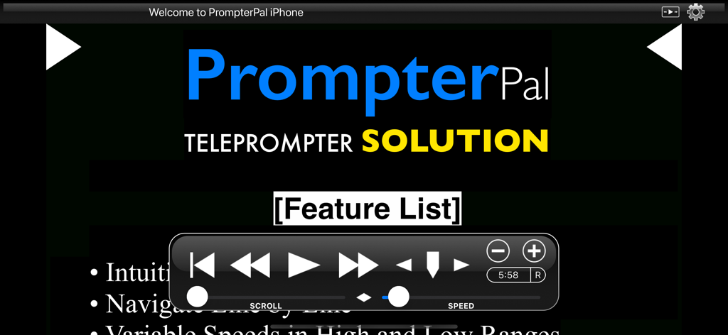 PrompterPal - Interfaz de la aplicación teleprompter PrompterPal mostrando controles de reproducción y velocidad