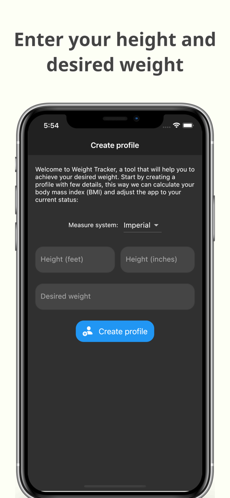 Weight Tracker – Fat loss - Pantalla de creación de perfil en la aplicación Rastreador de Peso para introducir la altura y el peso deseado