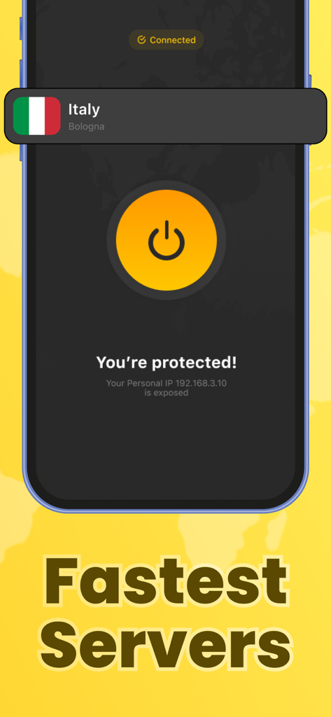 Uma tela de celular mostrando a interface do APP VPN GRÁTIS com uma conexão bem-sucedida a um servidor na Itália e o texto Servidores Mais Rápidos.