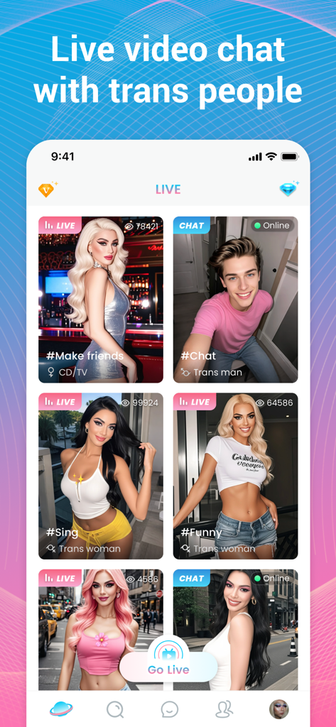 Trans Live Video Chat: TS Chat - Interface do aplicativo TSChat mostrando uma grade de streams de vídeo ao vivo e perfis de pessoas transgênero.