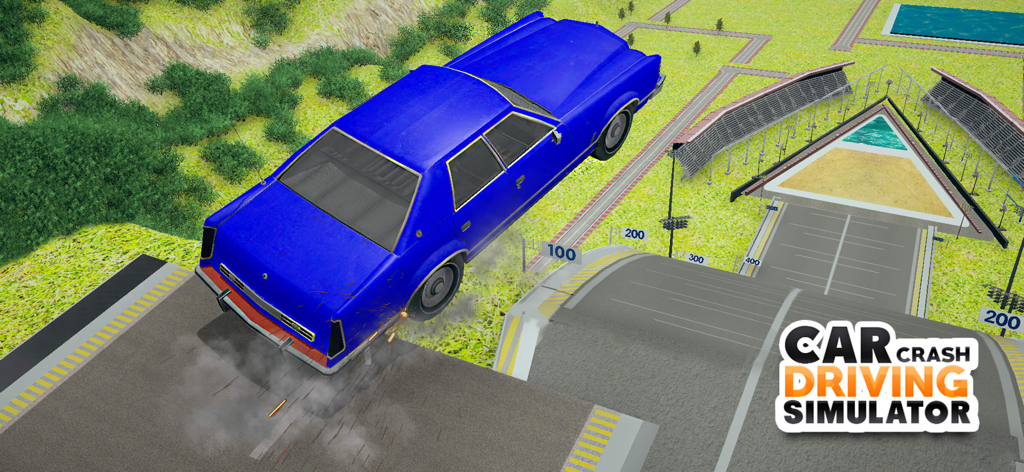 A blue car performing a high speed jump off a ramp in Car Crash Simulator 3D